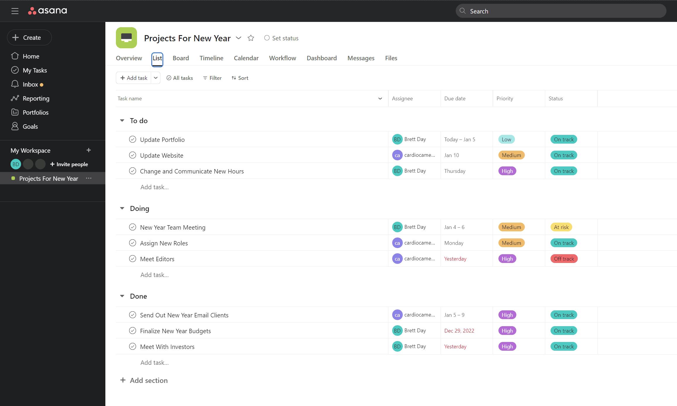 asana project in board view