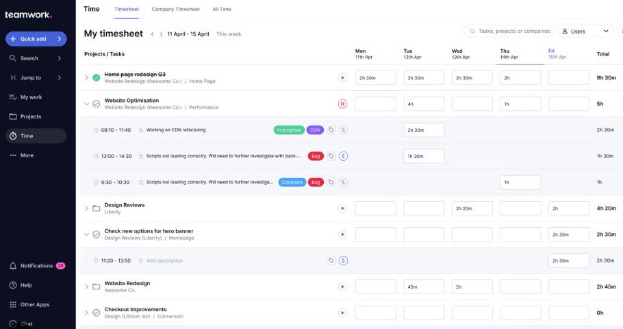 teamwork.com tasks in table view