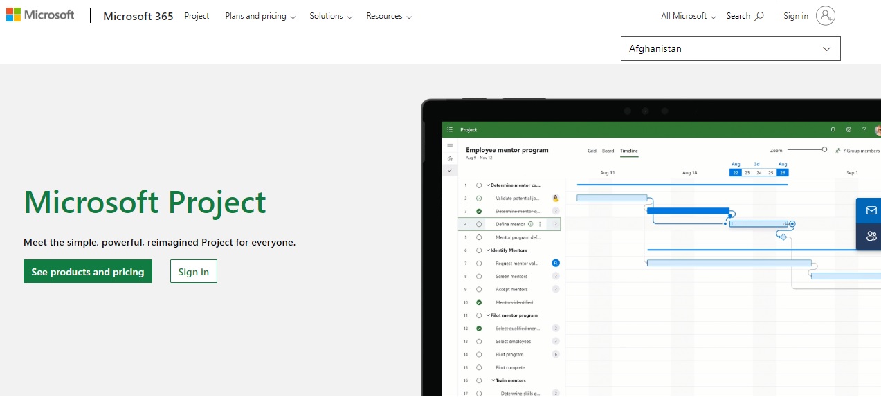 microsoft project main website interface