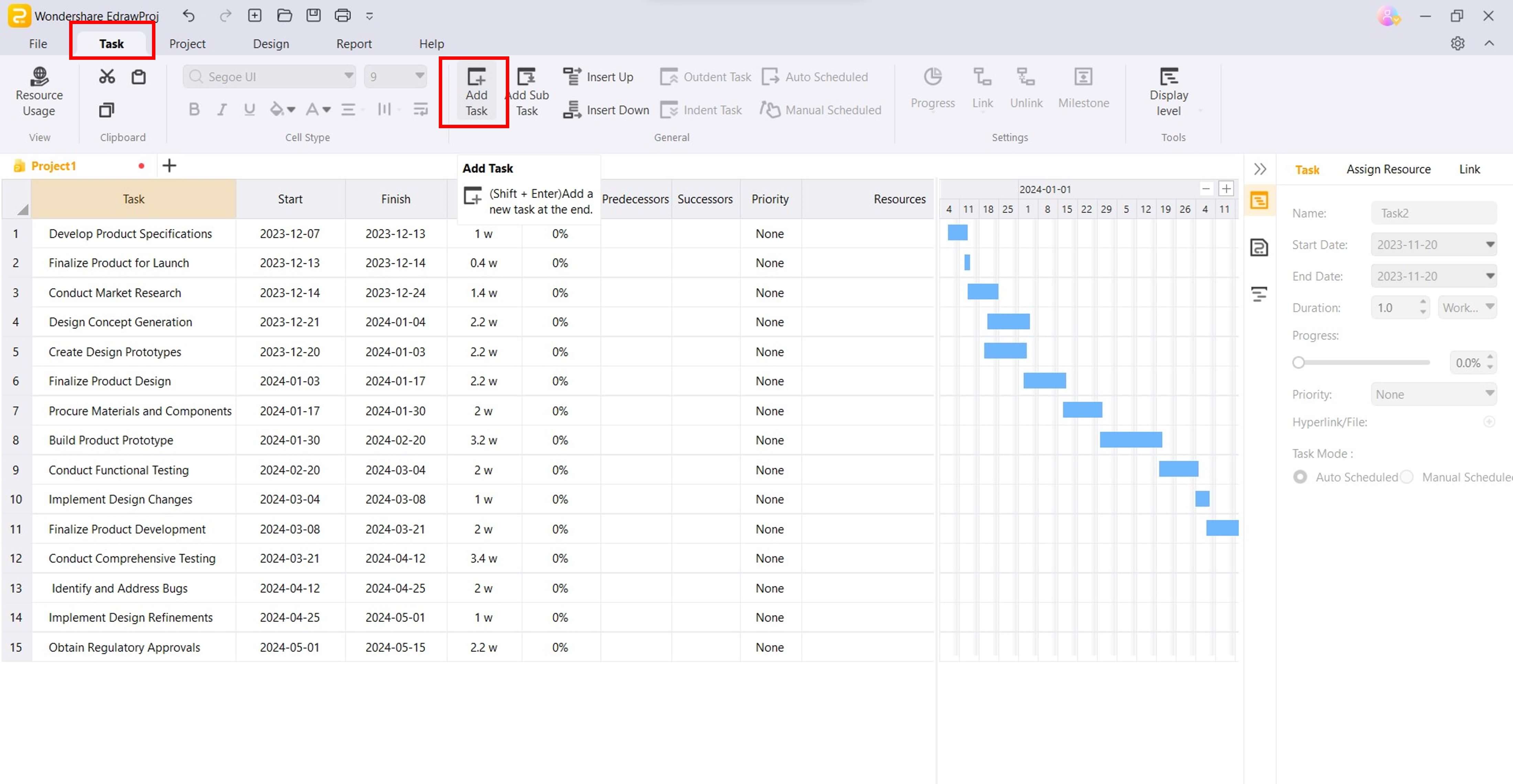 ajouter des tâches au diagramme de Gantt