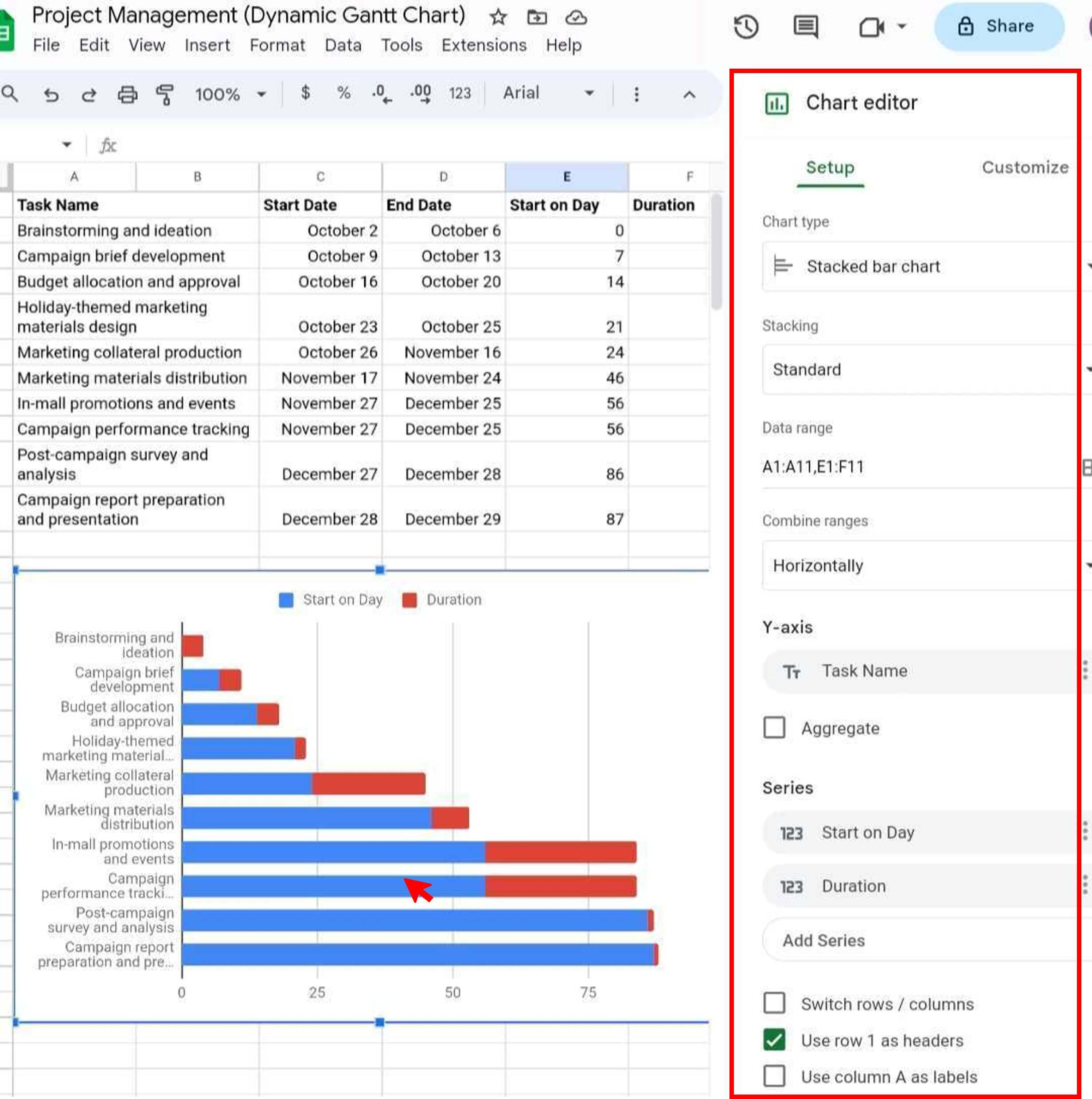 configuration d'un diagramme de Gantt dans l'éditeur de diagrammes