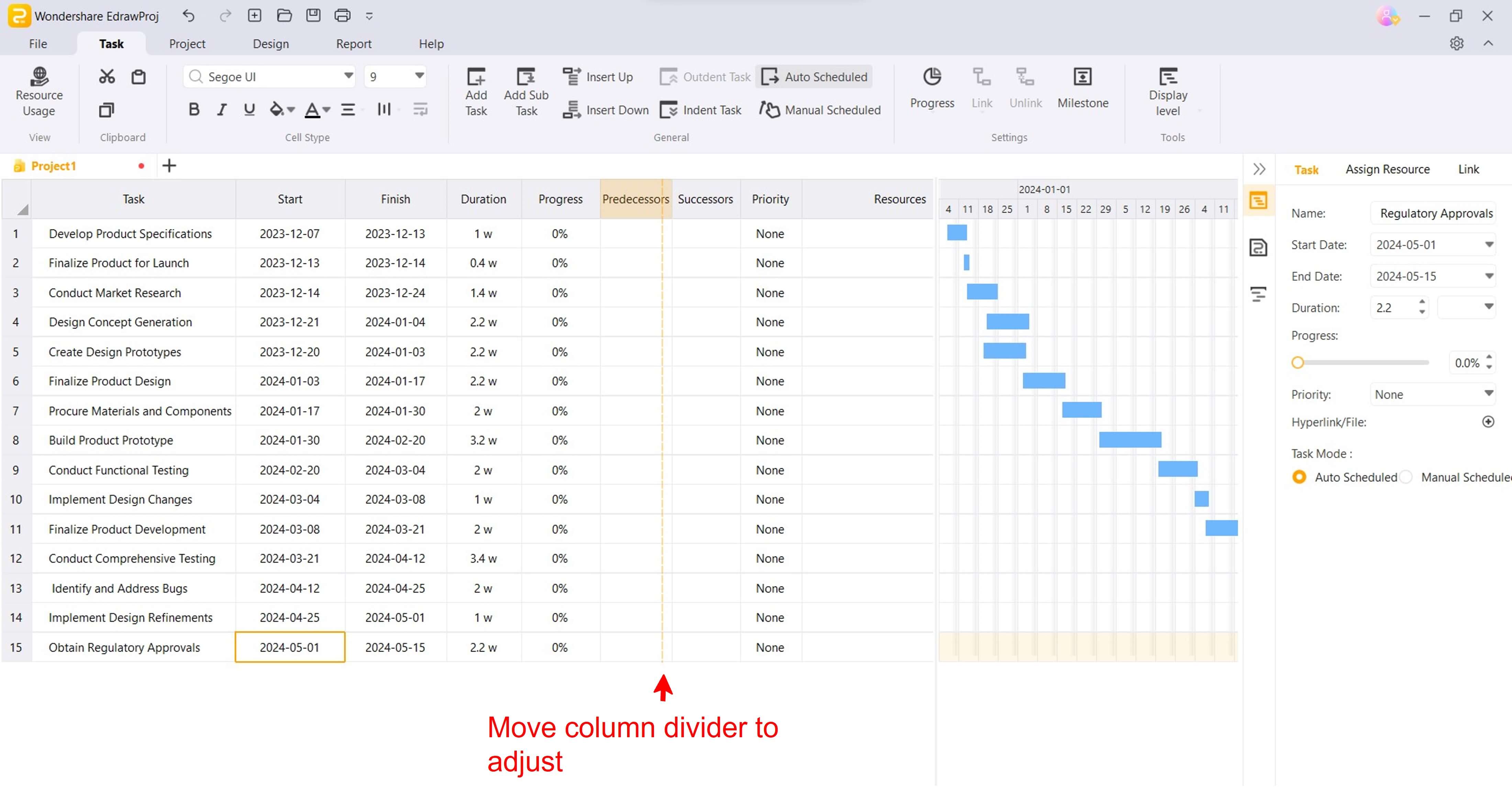 ajuster la largeur des colonnes du diagramme de Gantt