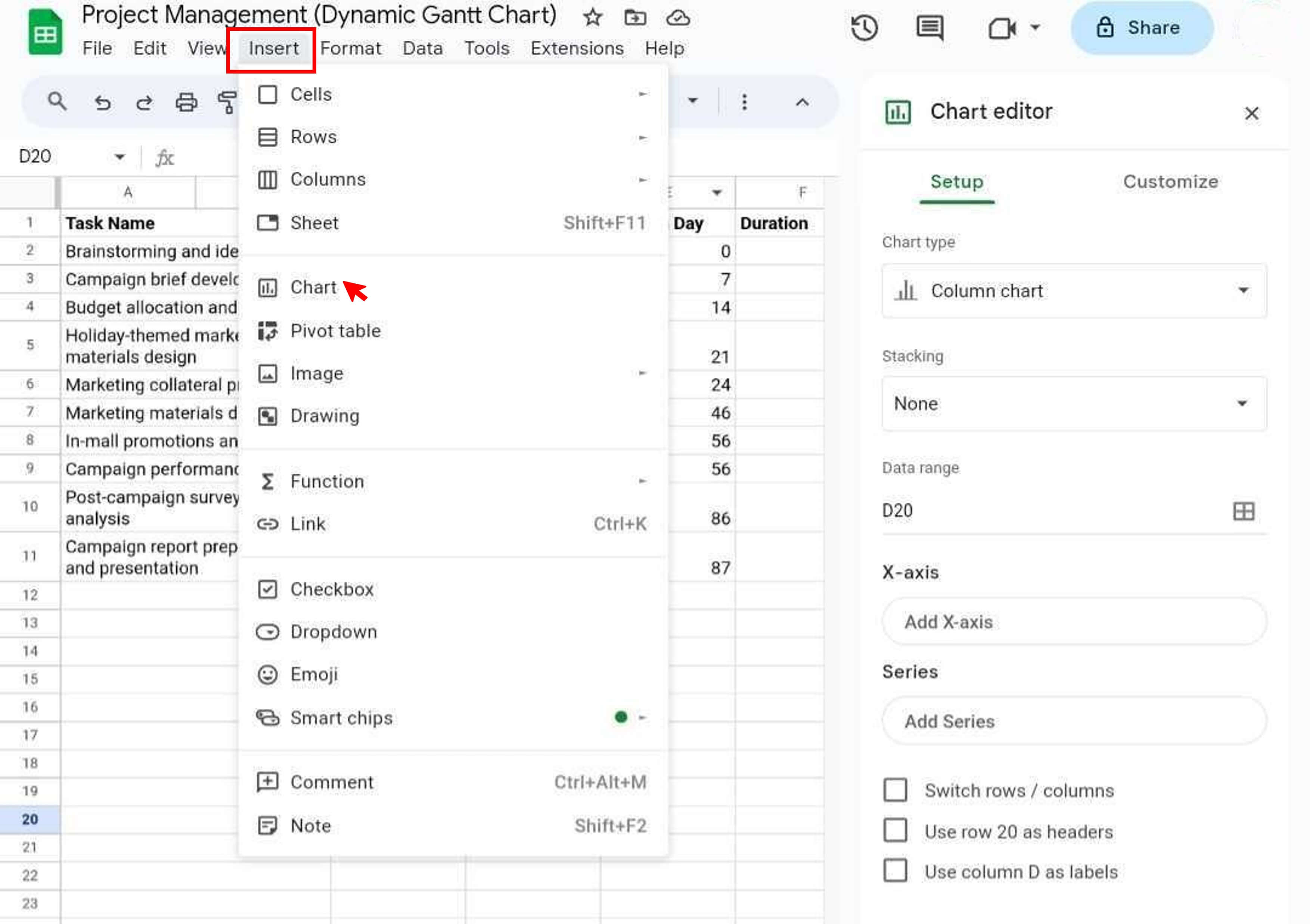 insérer un graphique dans google sheets