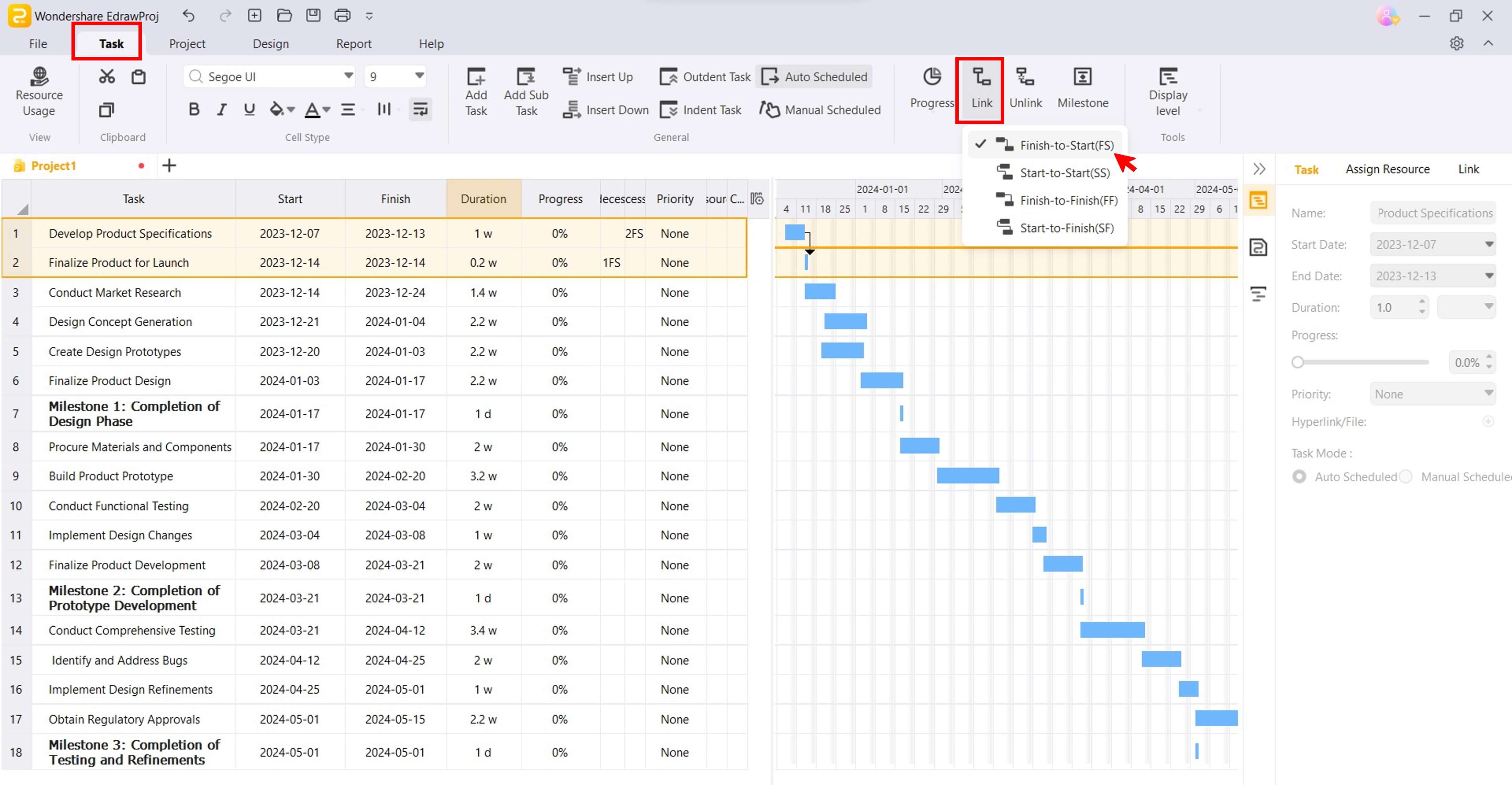 afficher les dépendances des tâches sur le diagramme de Gantt