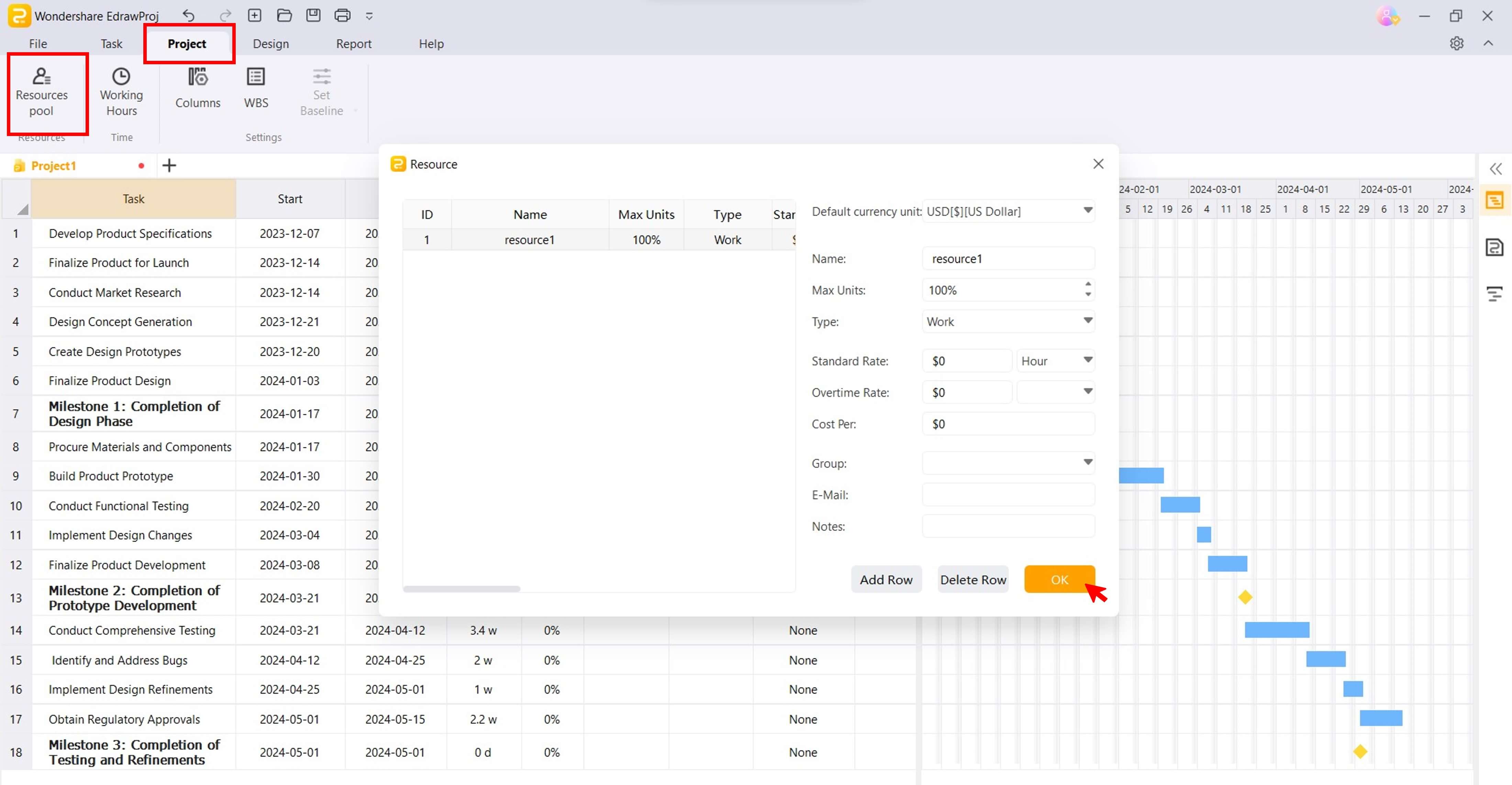 budget project resources on gantt chart