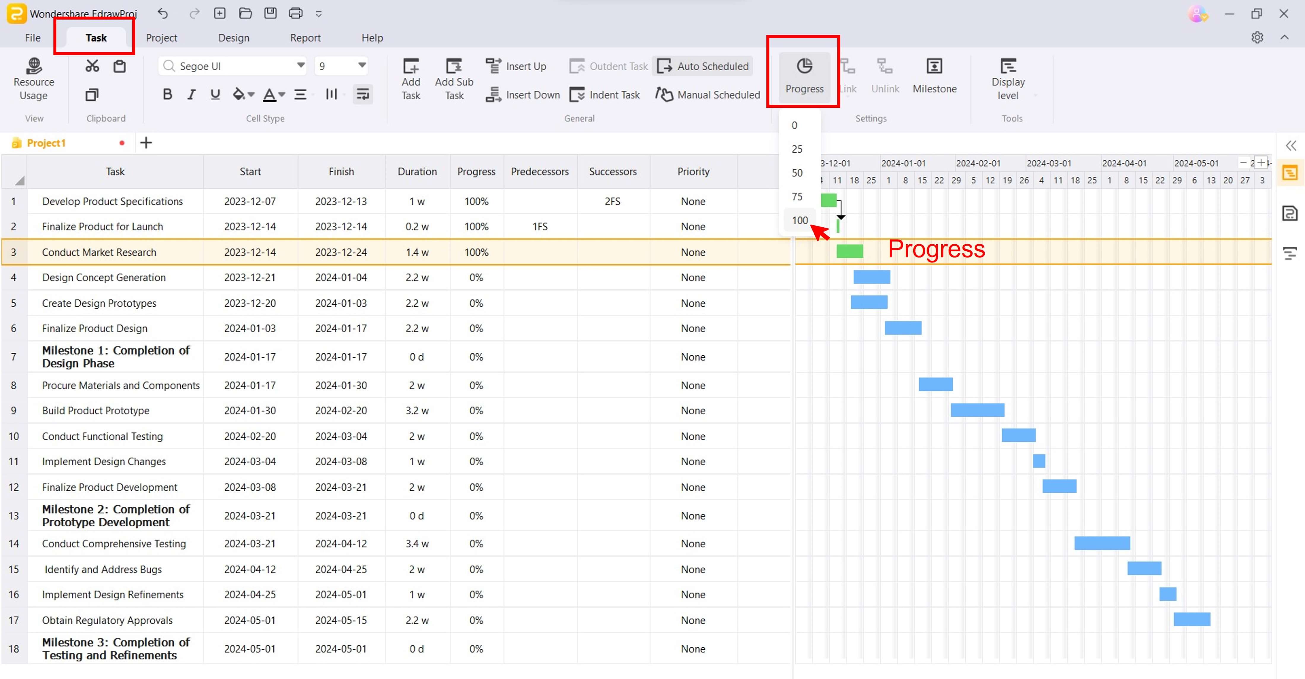 update task progress on gantt chart