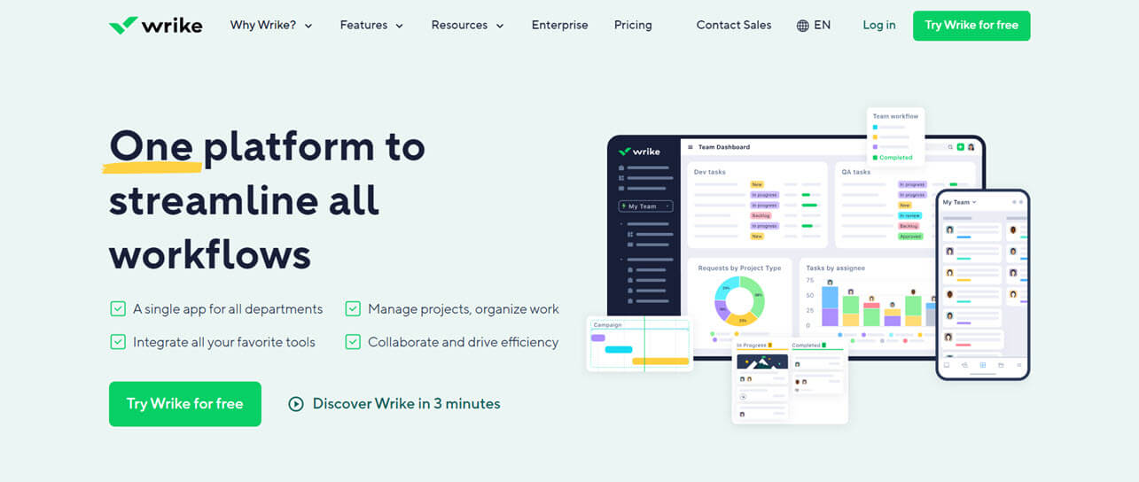 Wrike project management tool home page