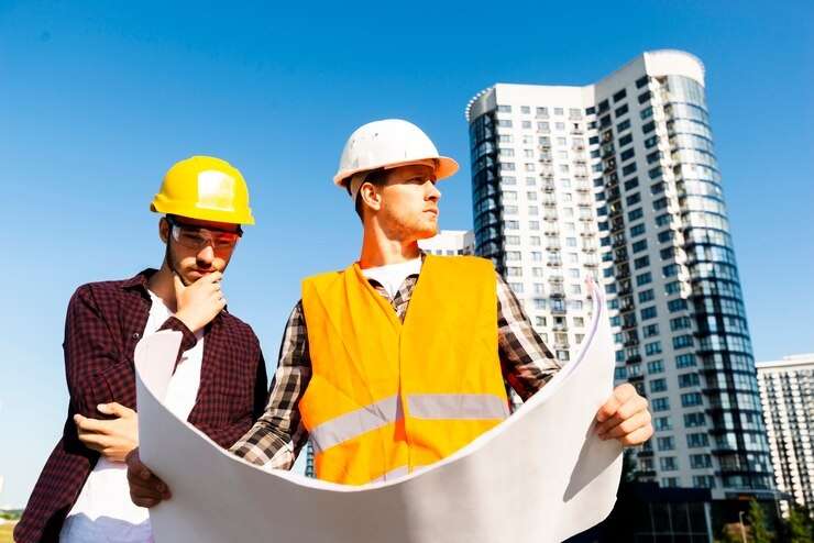 hommes de construction regardant des plans