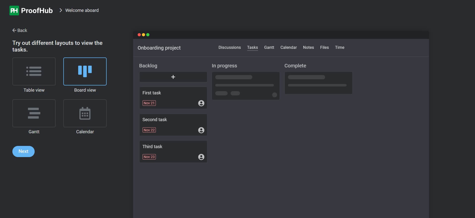 projet proofhub dans la vue du tableau