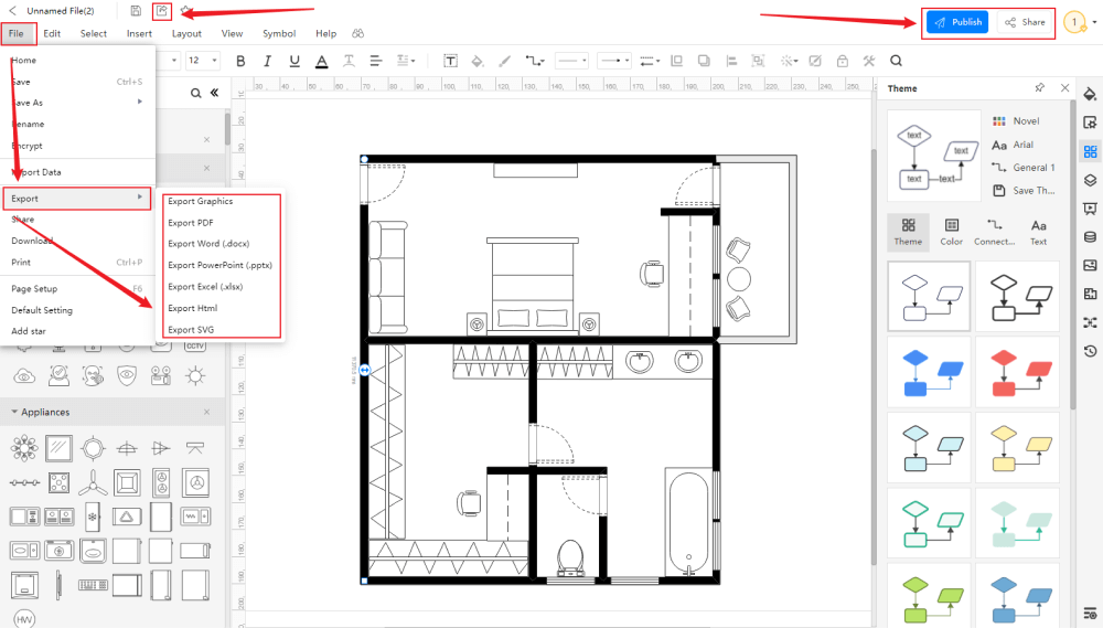 Screenshot of the save and export options in EdrawMax Online