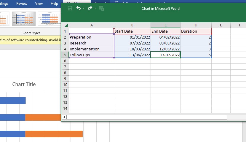 Créer un diagramme de Gantt dans Word