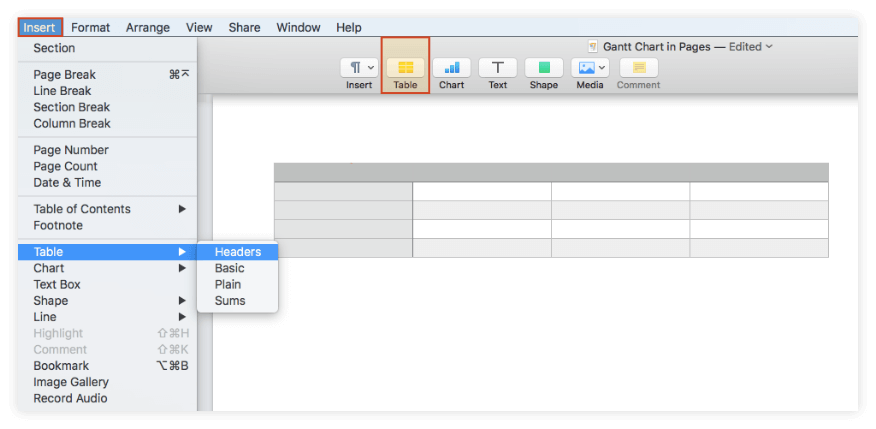 add table in Pages