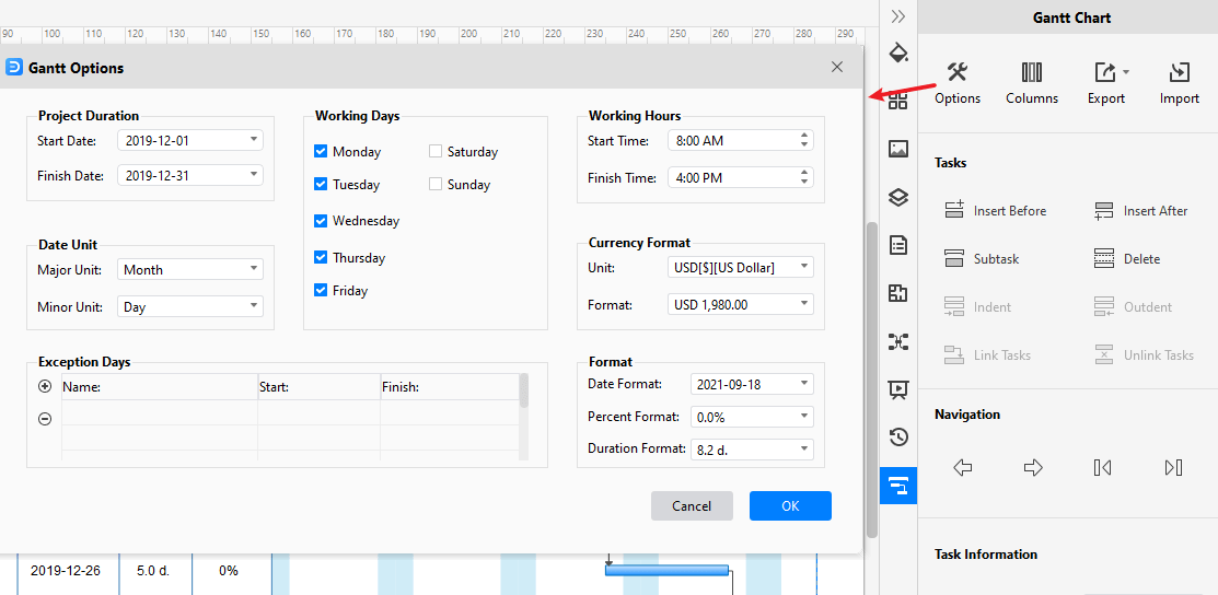 Ajouter des options de données au diagramme de Gantt