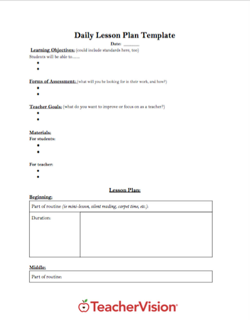 Daily lesson plan template