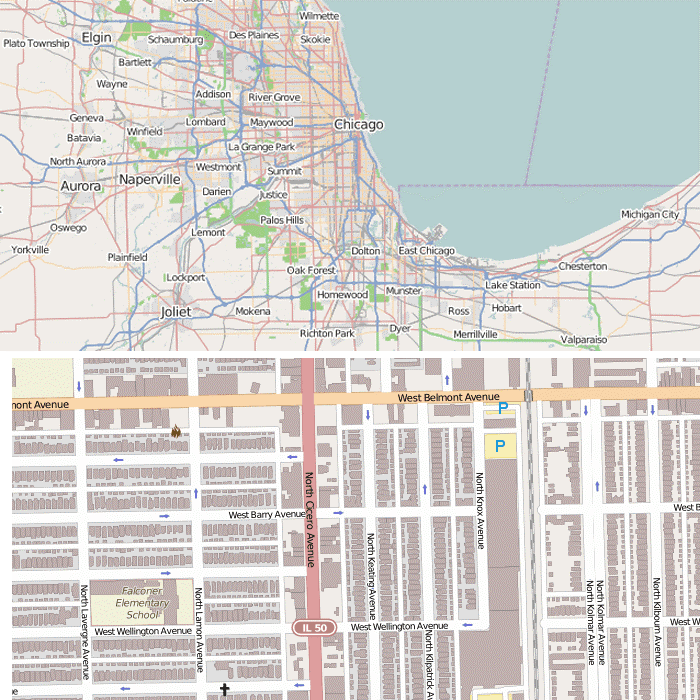 El mapa a pequeña escala de la zona de Chicago