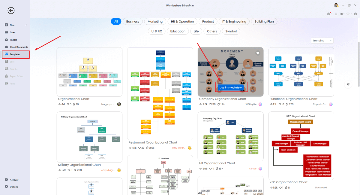 select an org chart template