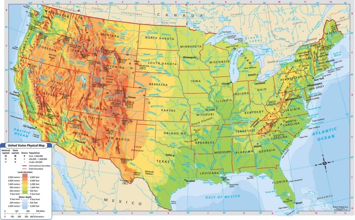 Physical Map of United States of America