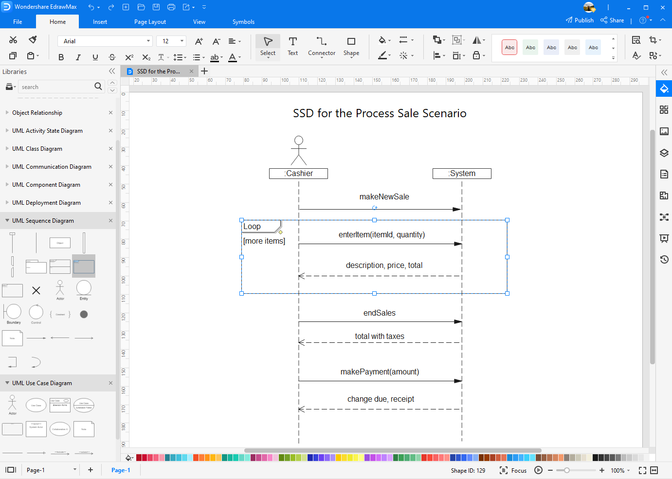 Glisser-déposer des symboles et créer un diagramme de séquence de système dans EdrawMax