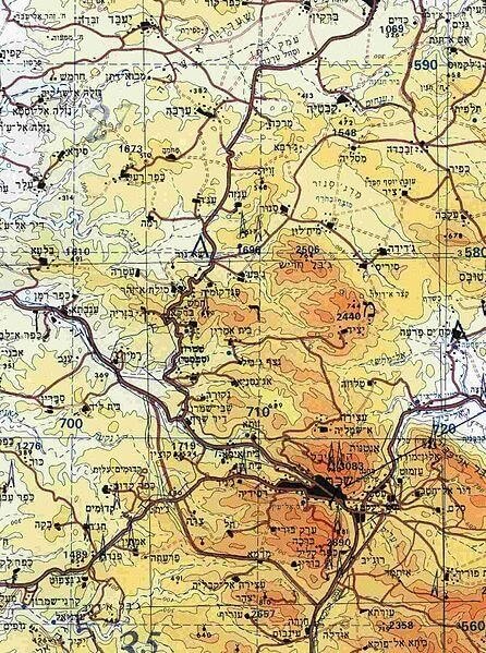 mapa topográfico da área de Nablus (Cisjordânia)