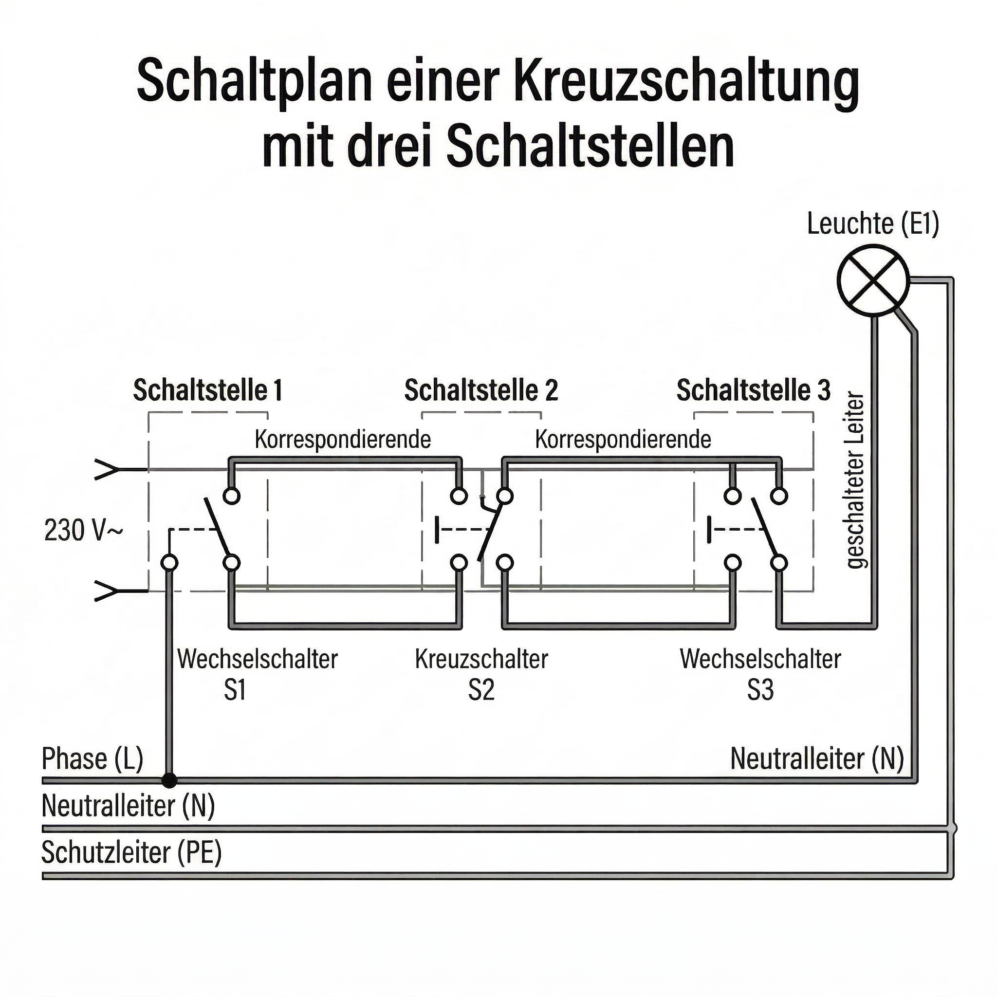 Vollständiger Kreuzschaltung Schaltplan mit drei Schaltstellen – Wechselschalter S1 und S3, Kreuzschalter S2, Leuchte E1