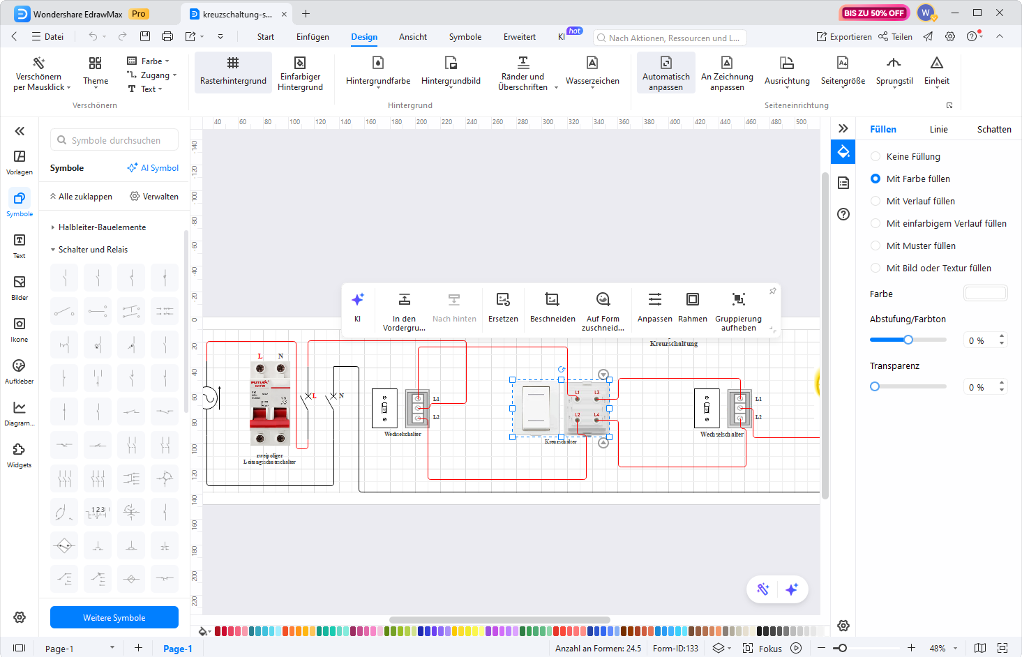EdrawMax – Kreuzschaltung Schaltplan in Bearbeitung mit Symbolbibliothek