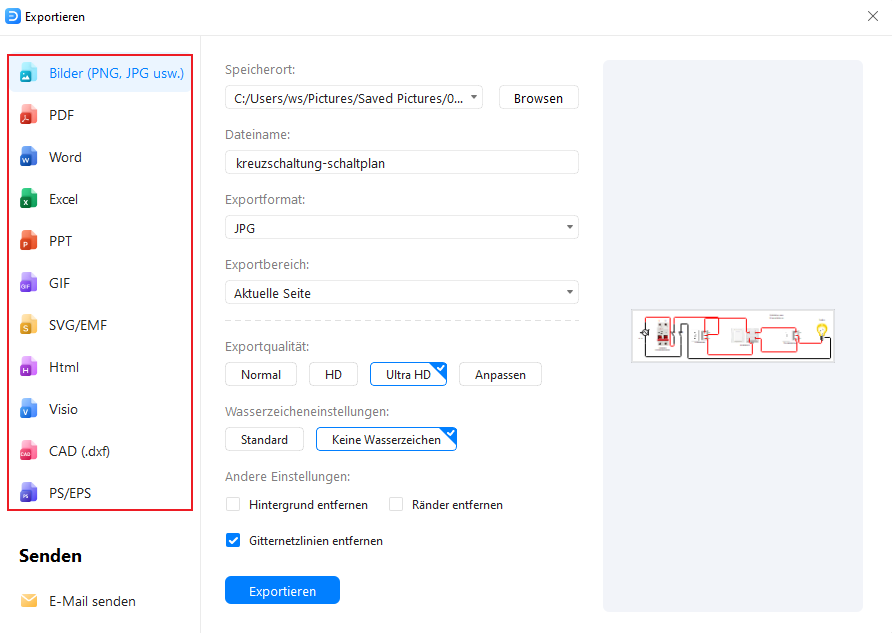 EdrawMax Exportdialog – PNG, PDF, Word, SVG und weitere Formate