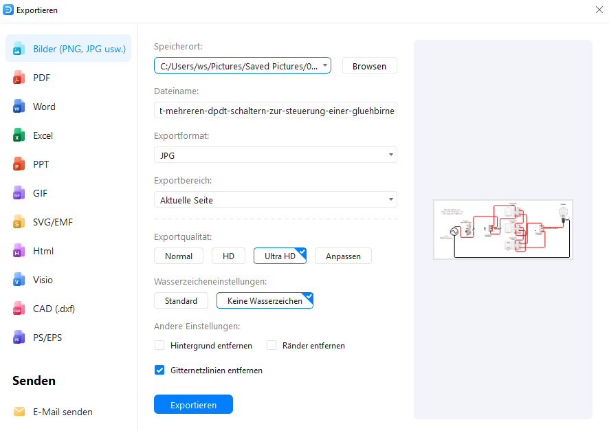 Funktionsschema einer Wechselschaltung mit SPDT-Schaltern und korrespondierenden Leitern