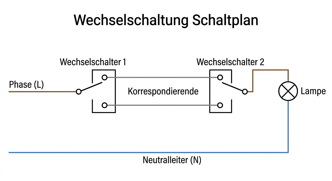 Funktionsschema einer Wechselschaltung mit SPDT-Schaltern und korrespondierenden Leitern