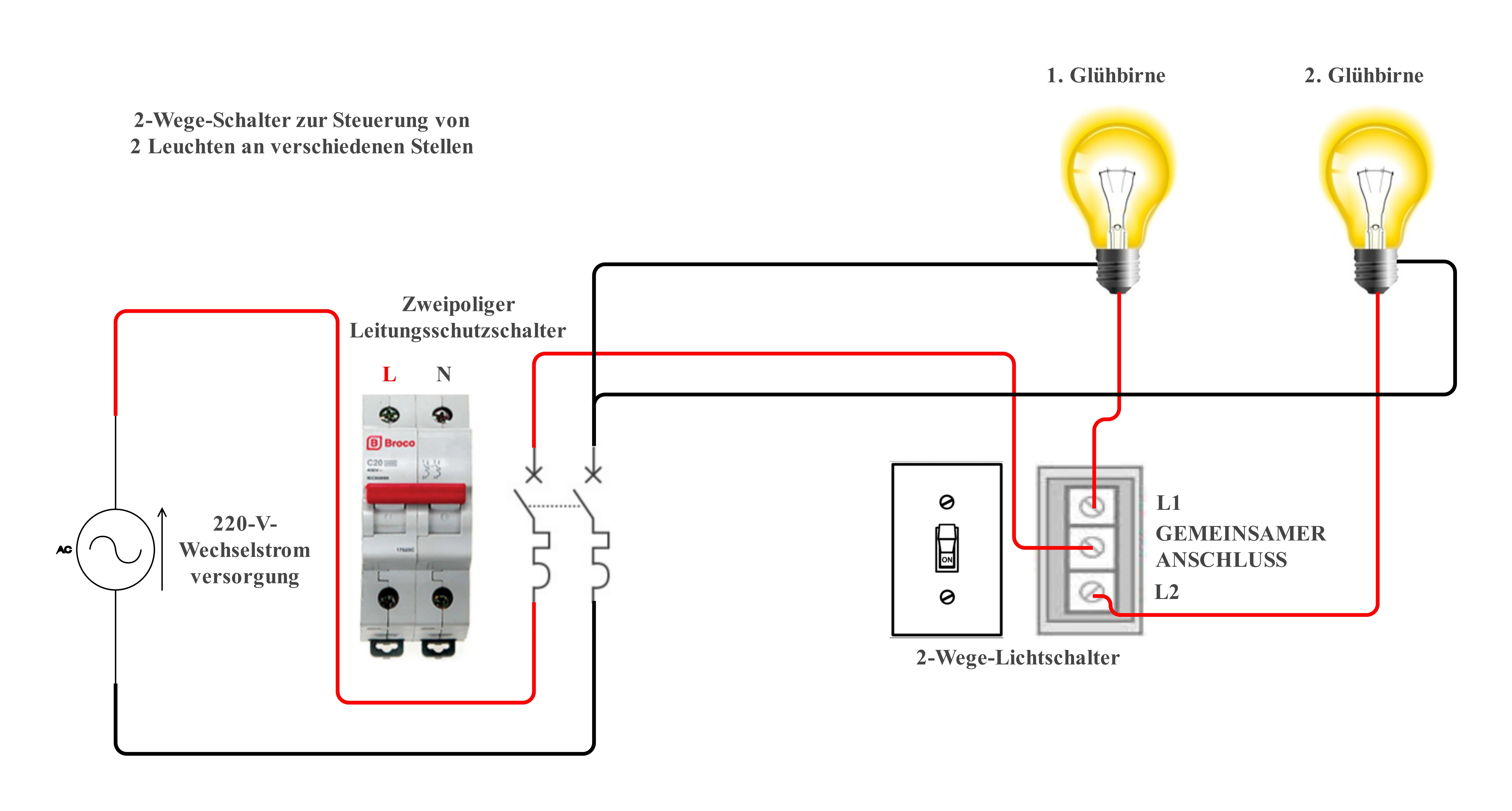 Schaltplan Variante: Wechselschaltung steuert zwei Leuchten parallel