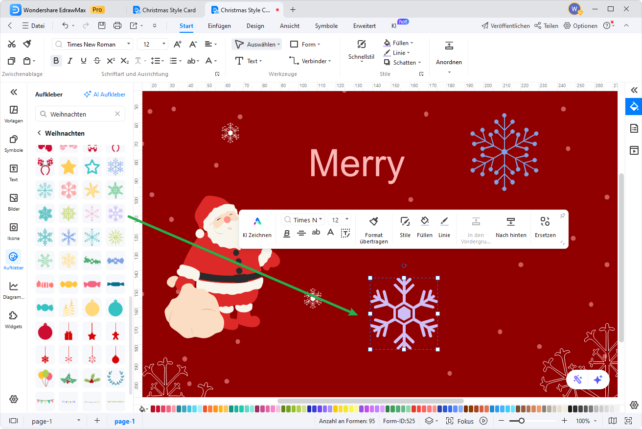 Weihnachtskarte im EdrawMax Editor, Schneeflocken-Aufkleber aus der Bibliothek wird auf die Karte gezogen