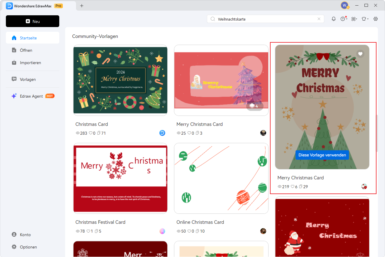 Community-Vorlagen in EdrawMax nach dem Suchbegriff Weihnachtskarte mit ausgewählter Merry-Christmas-Vorlage