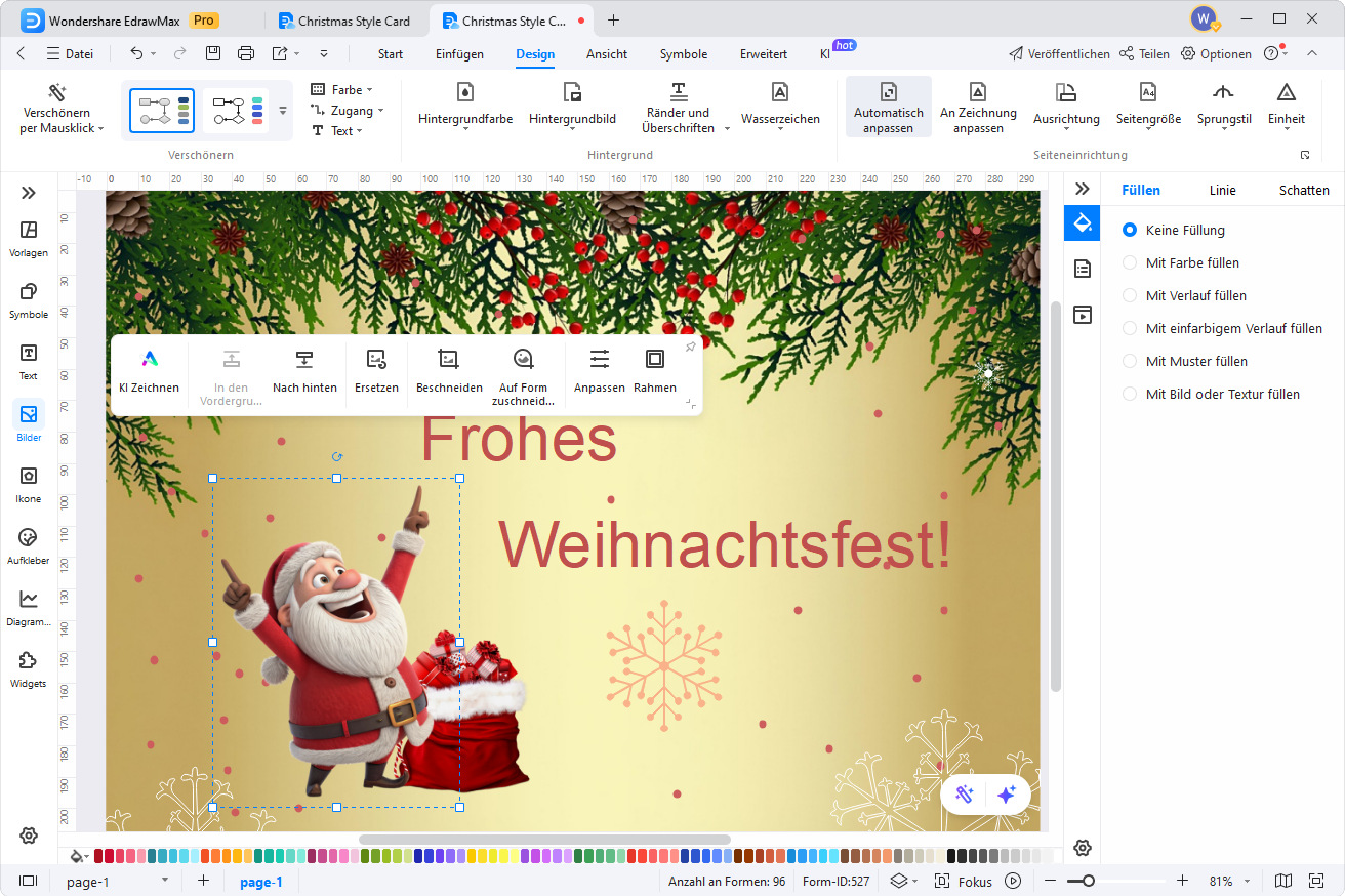 Weihnachtskarte in EdrawMax mit angepasst em Hintergrundbild und Text Frohes Weihnachtsfest