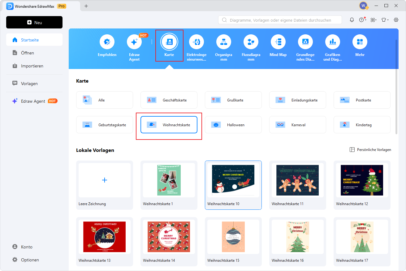 EdrawMax Startseite mit geöffnetem Tab Karte und ausgewählter Kategorie Weihnachtskarte