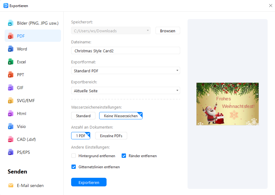 Exportdialog in EdrawMax zum Speichern der Weihnachtskarte als PDF ohne Wasserzeichen