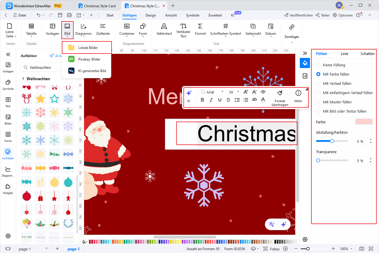 Weihnachtskarte in EdrawMax mit geöffnetem Einfügen-Menü für Bilder und bearbeitetem Textfeld