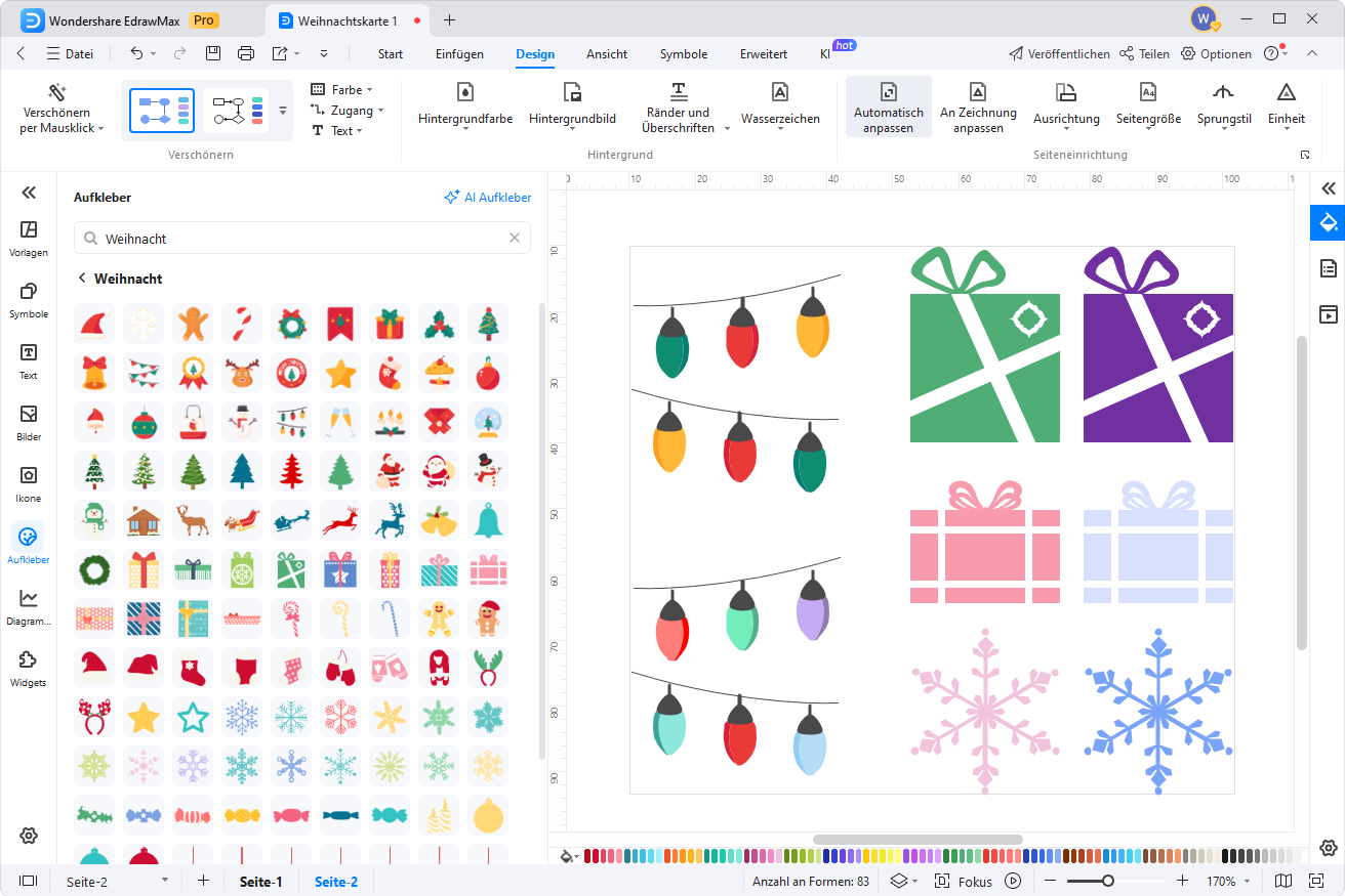 Weihnachtsaufkleber in EdrawMax, bei denen Farben und Varianten von Lichterketten und Geschenken angepasst werden