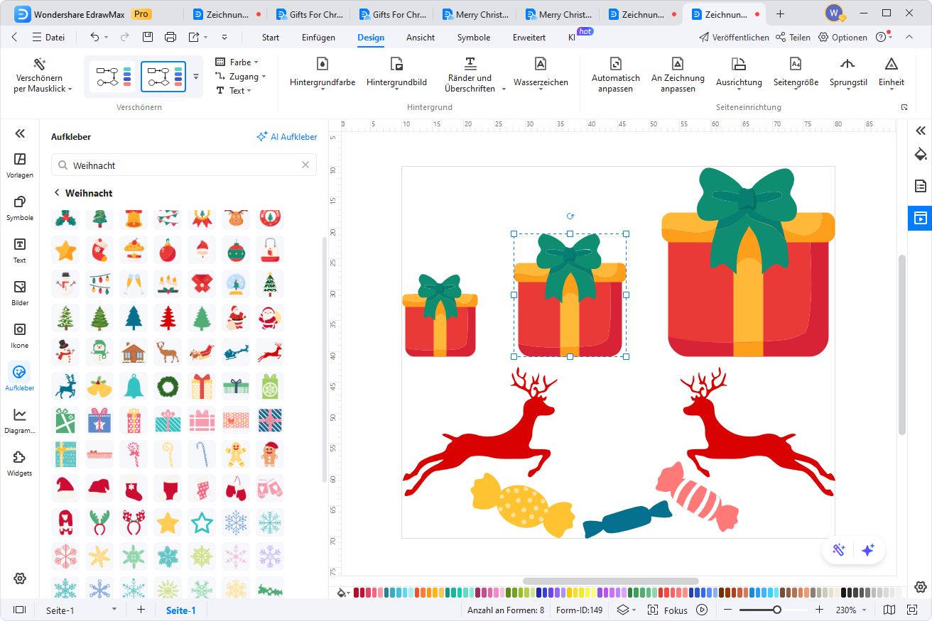 Weihnachtsillustrationen wie Geschenke, Rentiere und Süßigkeiten in EdrawMax, deren Größe und Anordnung angepasst wird