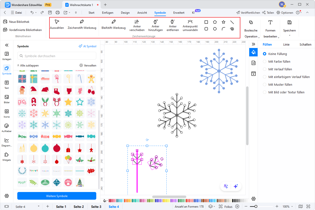 Zeichenwerkzeuge in EdrawMax zum Erstellen und Bearbeiten eigener Schneeflocken-Symbole