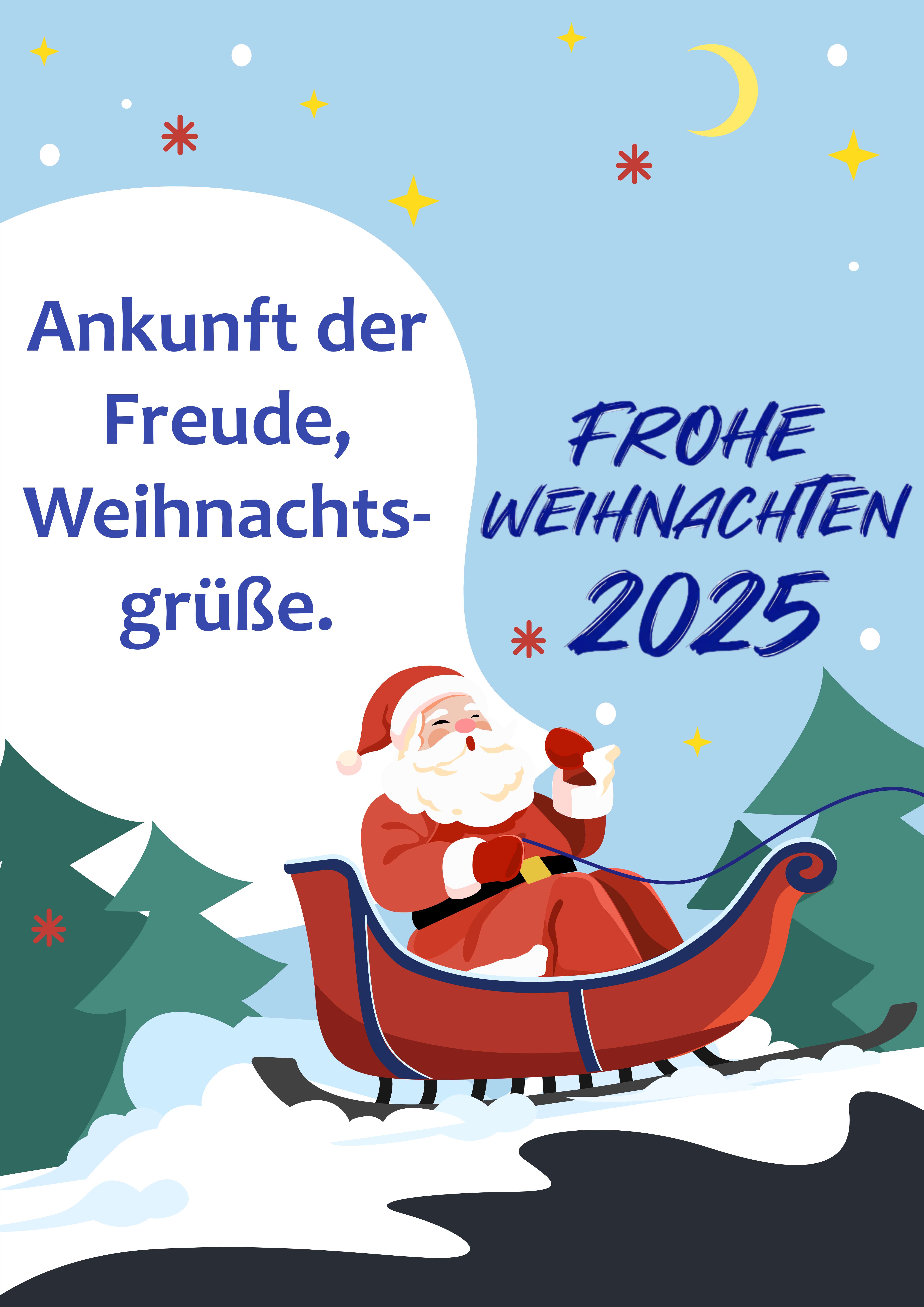 Fröhliche Weihnachtskarte 2025 mit Weihnachtsmann im Schlitten