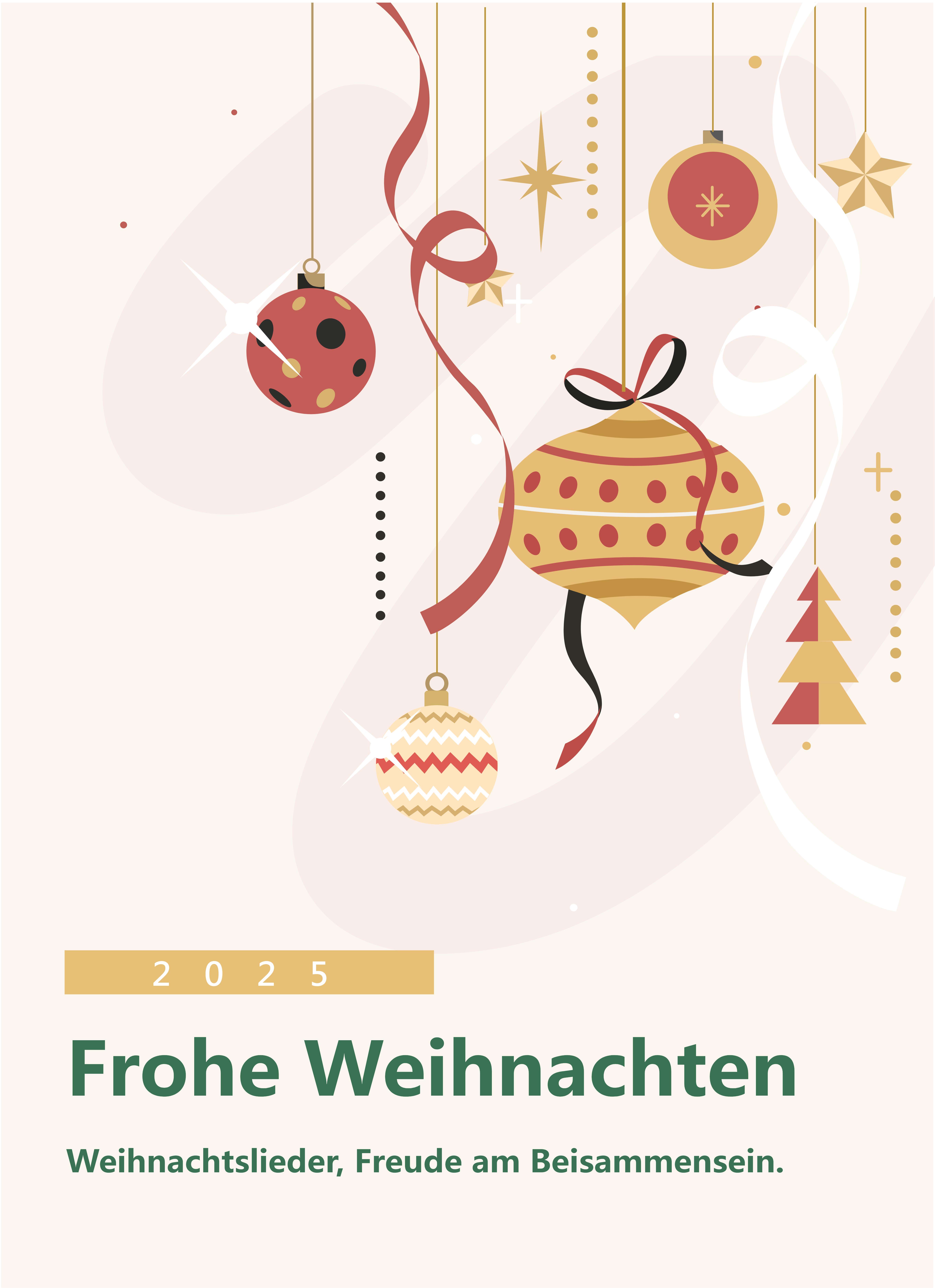 Elegante Weihnachtskarte 2025 mit Weihnachtskugeln in Gold und Rot