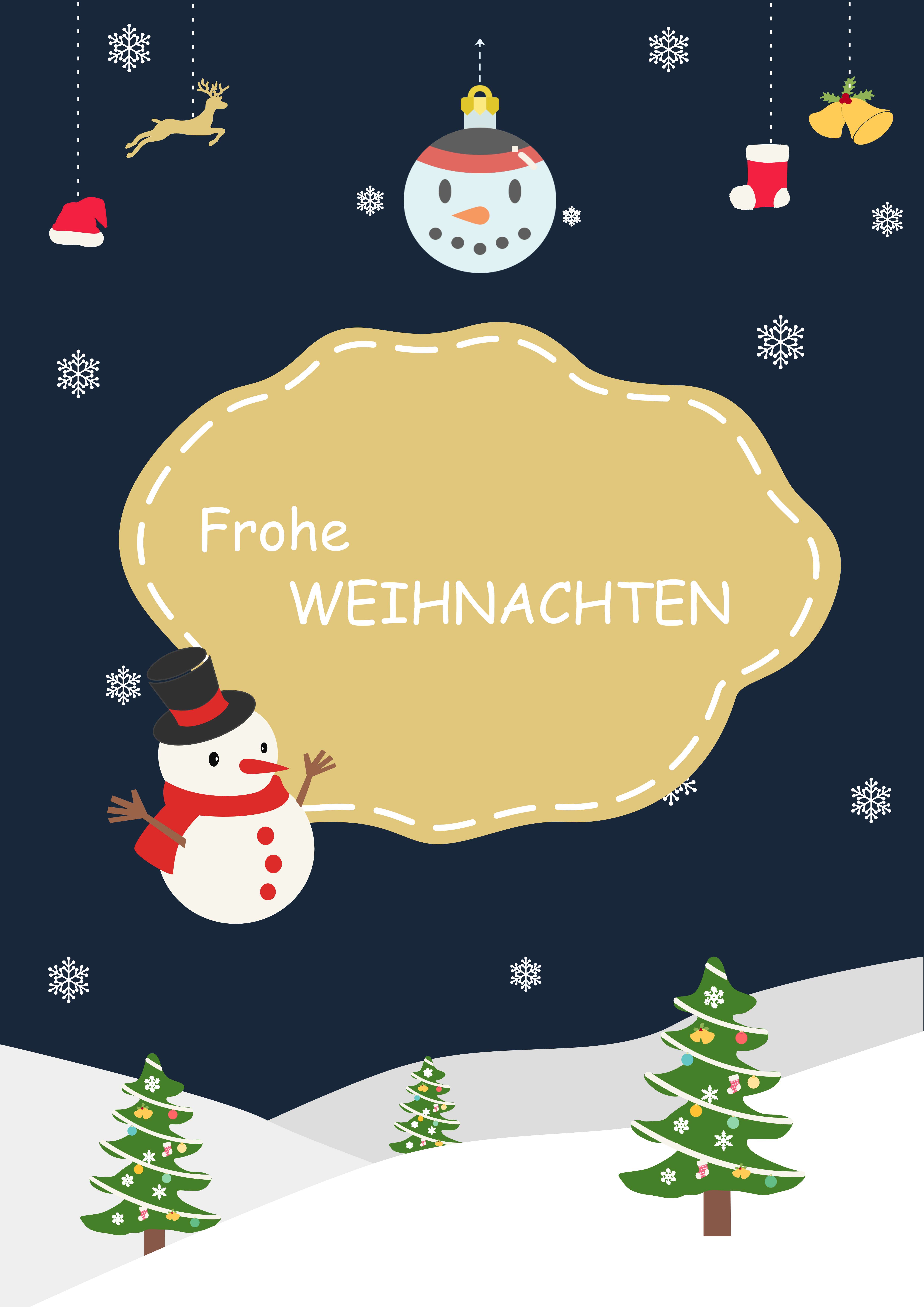 Verspielte Weihnachtskarte mit Schneemann in winterlicher Nacht