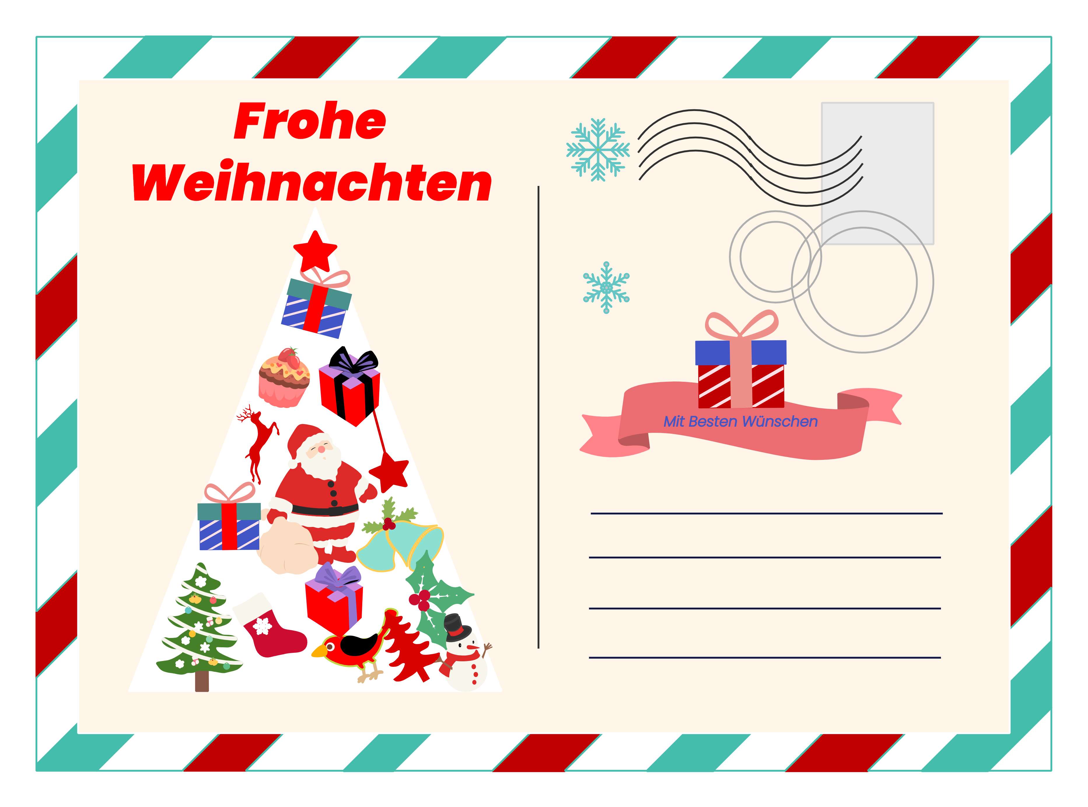Weihnachtspostkarte im Luftpost-Design mit Tannenbaum und Geschenken
