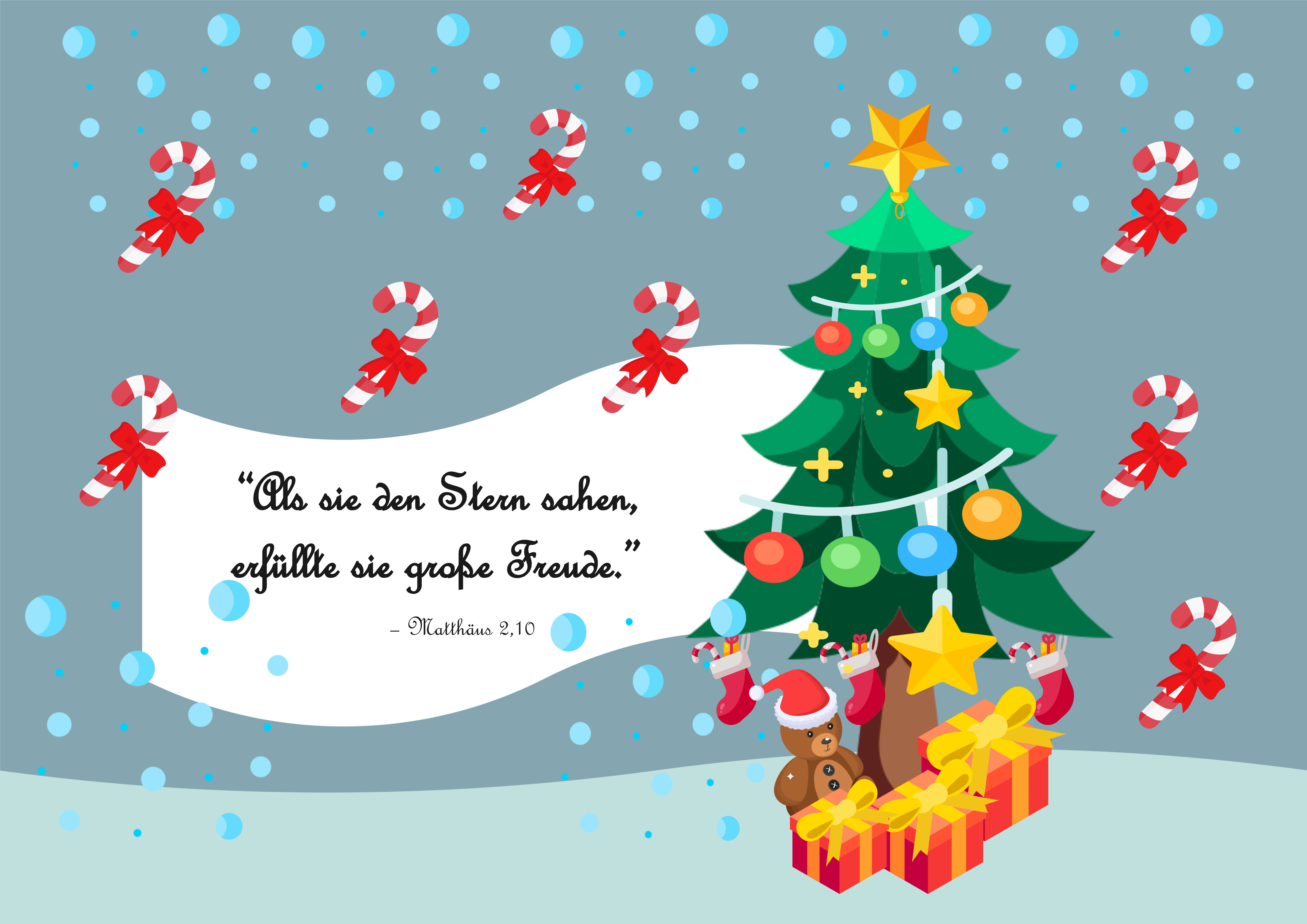 Bunte Weihnachtskarte mit Tannenbaum und Bibelvers aus Matthäus 2 10 über den Stern und große Freude