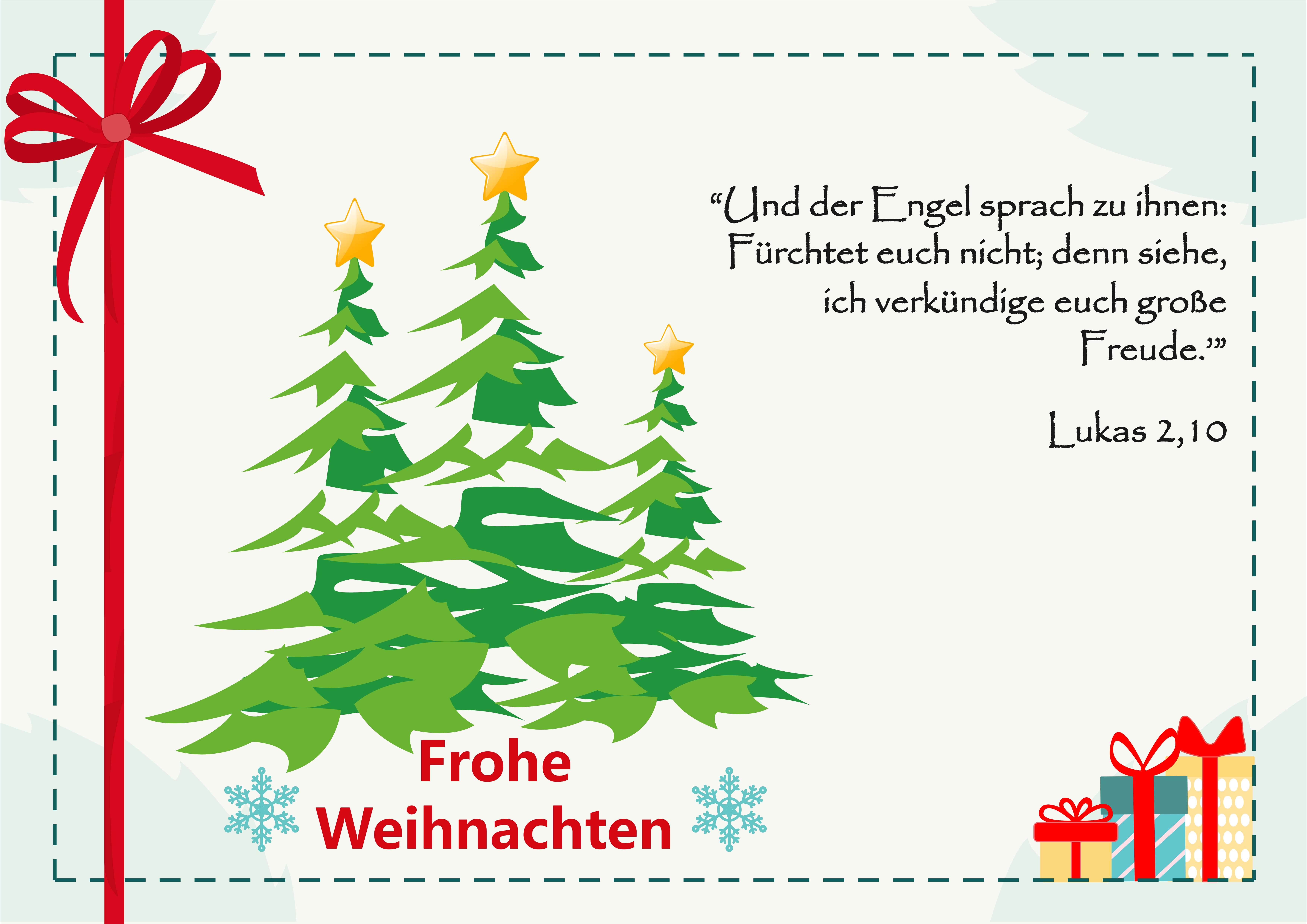 Weihnachtskarte mit mehreren Tannenbäumen, Schleifenrahmen und Bibelvers aus Lukas 2 10