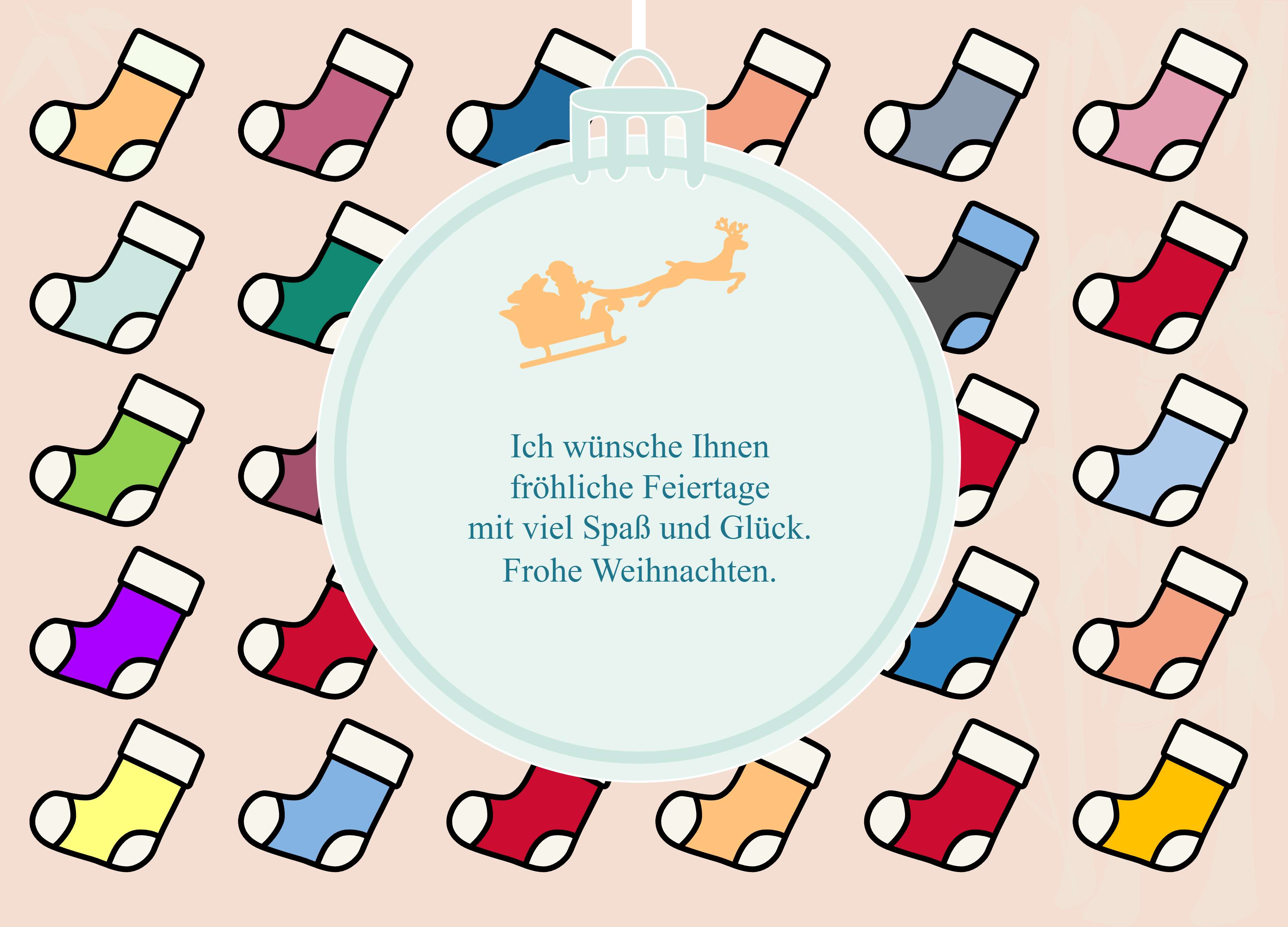 Weihnachtskarte mit bunten Weihnachtssocken im Hintergrund und formellem Weihnachtsgruß im Kreisornament