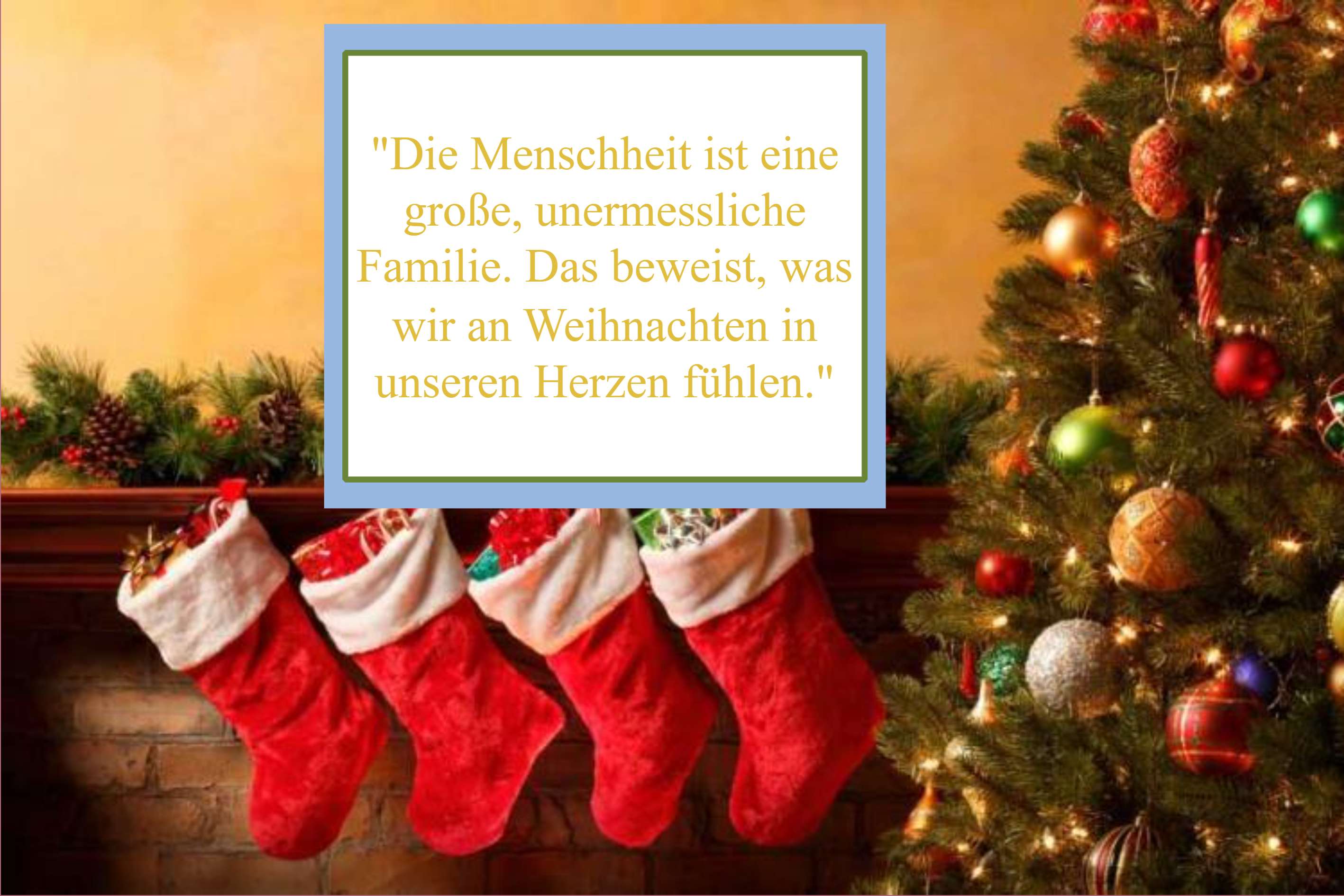 Weihnachtskarte mit Kamin, Strümpfen und Zitat über die Menschheit als eine große Familie