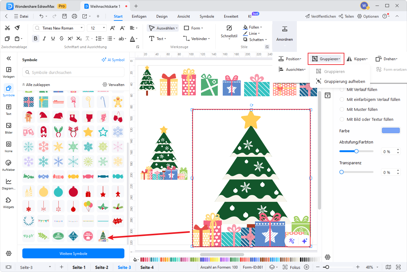 Mehrere Weihnachtsmotive wie Weihnachtsbaum und Geschenke in EdrawMax zu einem gemeinsamen Symbol gruppiert