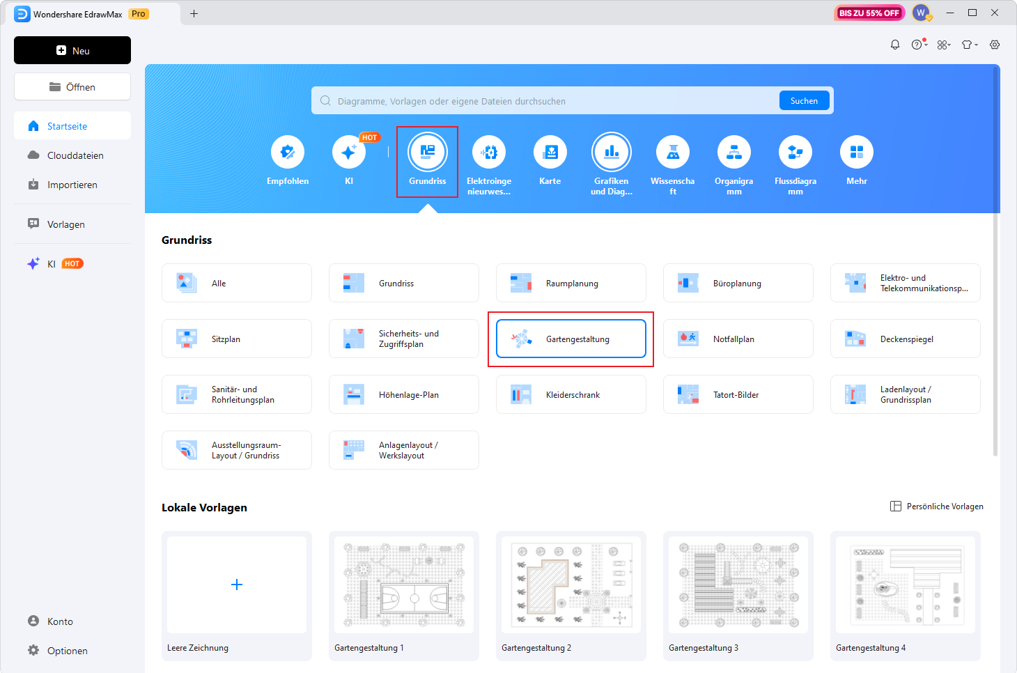 Gartengestaltung Vorlage in EdrawMax unter Grundriss auswählen