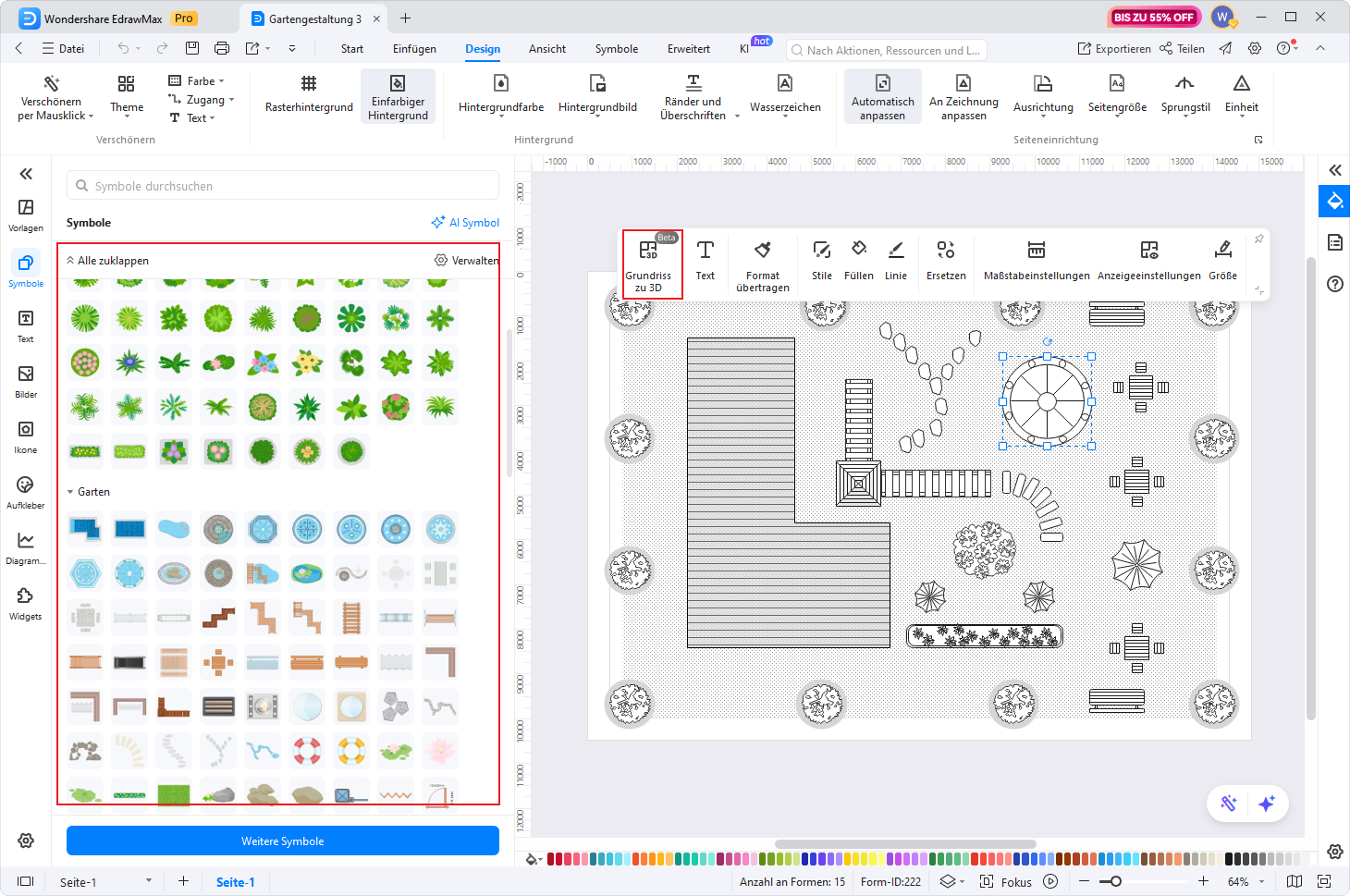Garten Symbole in EdrawMax einfügen und Grundriss zu 3D auswählen