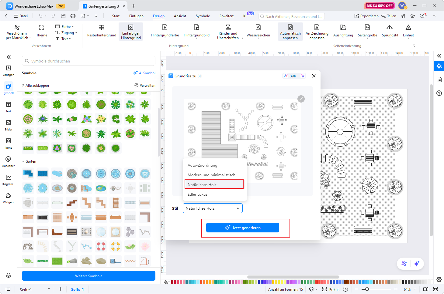 Stil Natürliches Holz auswählen und 3D Gartenvorschau generieren
